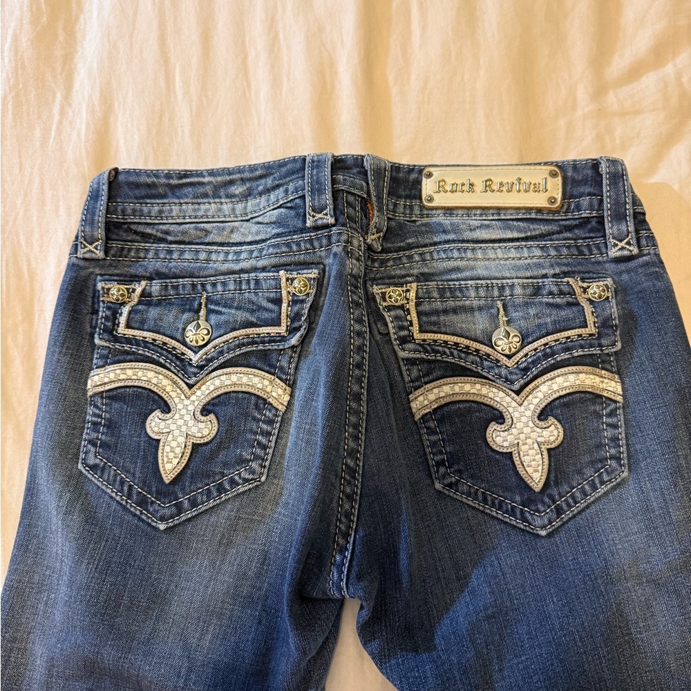 Rock Revival Dark Blue Boot Cut Jeans with Silver Accents